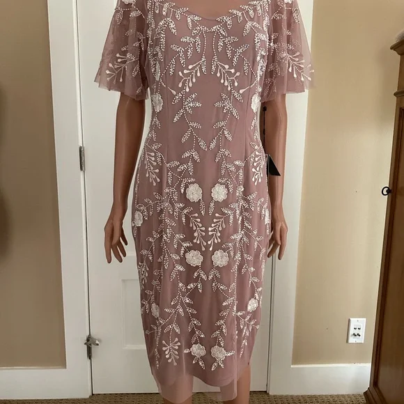 dusty rose beaded dress Ieena for Mac Duggal - Pink Beaded Cap Sleeve Crepe Gown With Bow and Slit main image 0